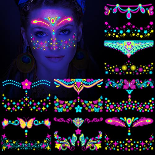 HOWAF 8 Tattoo Gesicht Neon Party Temporäre Tattoos, Neon Tattoos Schwarzlicht Schminke UV Tätowierung Aufkleber Gesicht Tattoo Gesichtsschmuck Neon Accessoires für Frauen Männer Schwarzlicht Party von HOWAF