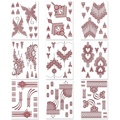 HOWAF 9 Bl?tter Braune Rote Tempor?re Tattoos f¨¹r Frauen, Wasserdichte Indische Mandala Spitze Blume Tattoo Papier Festival Aufkleber, Fake Tattoo Kit f¨¹r Hand Finger K?rperkunst von HOWAF