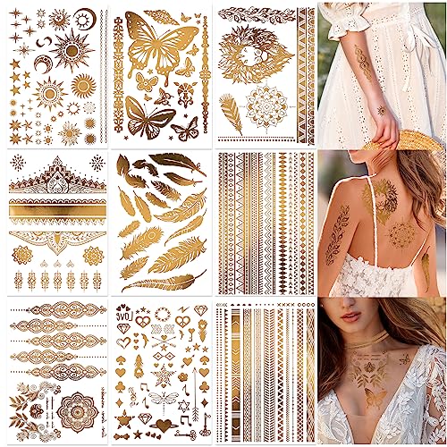 HOWAF 9 Blatt Gold Temporäre Tattoos Metallic Tattoos Gold Tattoo Festival Tattoos Aufkleben Flash Tattoo Glitzer Goldene Tattoos Erwachsene Klebetattoos Wasserdichte Temporäre Tattoos Frauen Mädchen von HOWAF