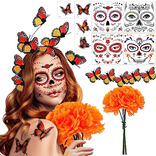 HOWAF Dia De Los Muertos Kostüm, Schmetterling Haarreif Stirnband Dia De Los Muertos Haarreif Schmetterling Haarklammer Künstliche Ringelblume Halloween Gesicht Tattoos Schmetterling Halloween Kostüm von HOWAF