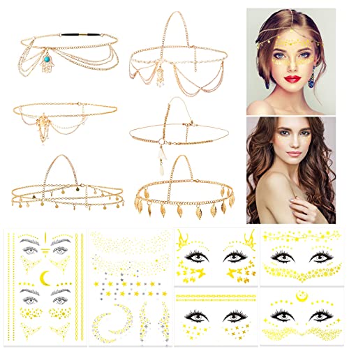 HOWAF 6 Haarschmuck Gold Kopfkette Schmuck Damen + 6 Festival Glitzer Gesicht Temporäre Tattoos Boho Haarschmuck Festival Stirnband Kopfschmuck Goldene Tattoos für Frauen Fasching Karneval Körperkunst von HOWAF