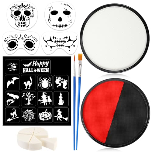 HOWAF Halloween Schminke Bodypainting, Schwarz Weiß Rot Schminke Halloween Set, Gesichtsbemalung für Kinder und Erwachsene, mit Pinseln Schablonen für Vampir Zombie Clown Skelett Make up von HOWAF