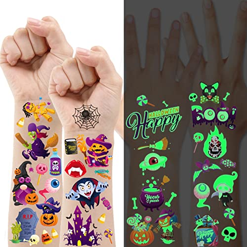 HOWAF Halloween Tattoo Kinder, Leuchtend Halloween Tattoos Gesicht Kinder, Hautfreundlich Kindertattoos Aufkleber für Mädchen Jungen Halloween Kostüm Party Deko Mitgebsel von HOWAF