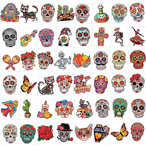 HOWAF Halloween Tattoo Kinder, Tag der Toten Temporäre Tattoos Set, 96 Stück Hautfreundlich Kindertattoos Totenkopf Aufkleber für Mädchen Junge Halloween Party Kindergeburtstag Mitgebsel von HOWAF