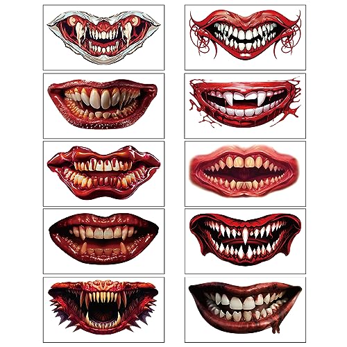 HOWAF Halloween Tattoos Gruselig, Halloween Tattoo Mund Halloween Temporäre Tattoos Halloween Gesicht Halloween Narben Tattoos Halloween Schminke Wunden Blut Zombie Tattoo für Halloween Kostüm Makeup von HOWAF