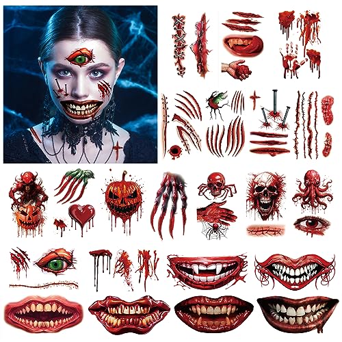 HOWAF Halloween Tattoos Gruselig, Halloween Temporäre Tattoos Halloween Gesicht Halloween Narben Tattoos Halloween Schminke Halloween Tattoo Mund Wunden Blut Zombie Tattoo für Halloween Kostüm Makeup von HOWAF