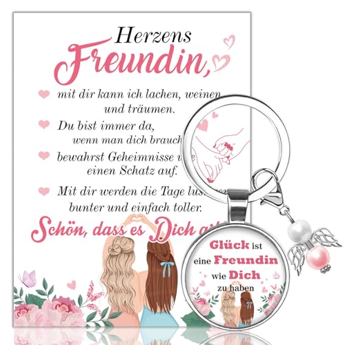 HOWAF Schutzengel Schlüsselanhänger Freundin, Beste Freundin Geschenke BFF Schlüsselanhänger Perlenengel mit Freundin Karte für Freundschaftsgeschenk Geburtstag Geschenke für Freundin Weihnachten von HOWAF