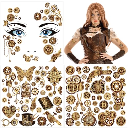 HOWAF Steampunk Accessoires Steampunk Temporäre Tattoos, Steampunk Gesichtstattoo Karneval Tattoos Zahnräder Steampunk Tattoos Aufkleber Gesicht, Steampunk Kostüm Halloween Karneval Fasching Kostüm von HOWAF