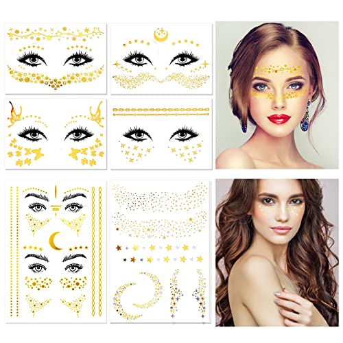 HOWAF Festival Glitzer Gesicht Temporäre Tattoos für Frauen - Goldene Metallic Flash Tattoos - Klebe Aufkleber für Fasching, Karneval und Körperkunst von HOWAF