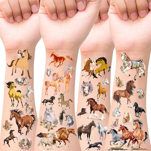 HOWAF Tattoo Kinder, 8 Blätt Kindertattoos Hautfreundliche Pferde Tattoos Mädchen Kinder Tattoo Jungen Klebetattoos Kinder Pferdesticker für Mitgebsel Kindergeburtstag Pferde Mädchen Geschenk von HOWAF