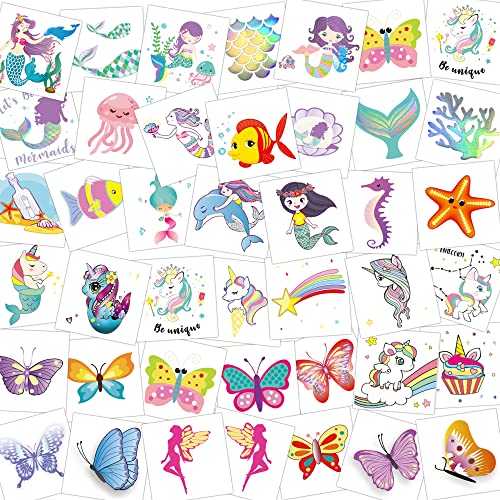 HOWAF Tattoo Kinder, 80 x Schmetterling/Meerjungfrau/Einhorn Glitzer Tattoo Set, Temporäre Hautfreundliche Kindertattoos Aufkleber for Mädchen Mitgebsel Kindergeburtstag Gastgeschenke Give Aways von HOWAF