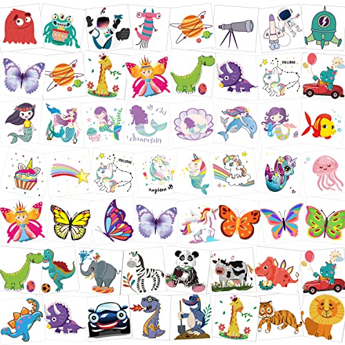 HOWAF Tattoo Kinder, 96 Tattoo Set Mädchen Jungen Einhorn Meerjungfrau Dinosaurier Tiere Klebetattoos für Mitgebsel Kindergeburtstag Party Gastgeschenke Hautfreundliche Temporäre Kindertattoos von HOWAF