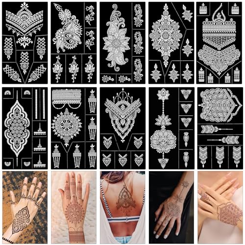 HOWAF 10 Blatt Henna Tattoo Schablonen, Temporäre Glitter Tattoos Wiederverwendbar, Hand Tattoo Aufkleber Feder Mandala Blume für Frau Kinder Mädchen von HOWAF