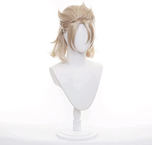 HOWGARI Wig Anime Cosplay Genshin Impact Game Role Albedo Cosplay Perücke kurz Gelb Silber Bang Perücke mit Zopf(Albedo) von HOWGARI
