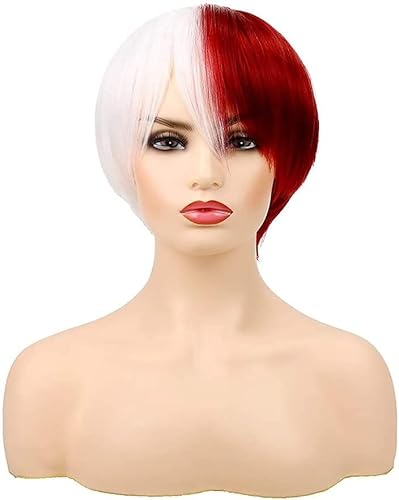 HOWGARI Wig Anime Cosplay Kurze Cosplay-Perücke, Anime, halb weiß, halb rot, hitzebeständige synthetische Perücke for Halloween-Kostümparty von HOWGARI