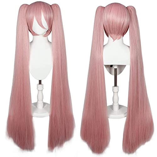 HOWGARI Wig Anime Cosplay Rosa Perücke mit Zwei Pferdeschwänzen for Frauen + kostenlose Kappe, Lange, gerade, synthetische Perücke for Cosplay-Anime-Party von HOWGARI