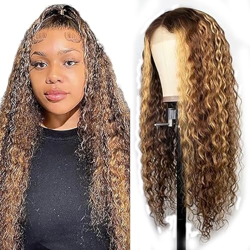 Hxxcoup 13x1 Lace Frontal Wig Human Hair Wig Water Wave Brown Echthaar Perücke Frauen Grade 8A 150% Density Highlight Colour T Part Wig Lace Front Perücke Menschenhaar Perücken 14 Zoll von HOWGARI