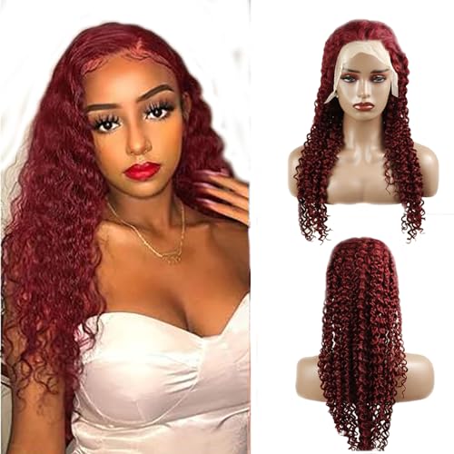 Hxxcoup 13x1 Lace Wig Human Hair Wig Curly Wave Burgundy 99J Echthaar Perücke Frauen Grade 8A 150% Density Ombre Colour T Part Wig Lace Front Perücke Menschenhaar Perücken 16 Zoll von HOWGARI