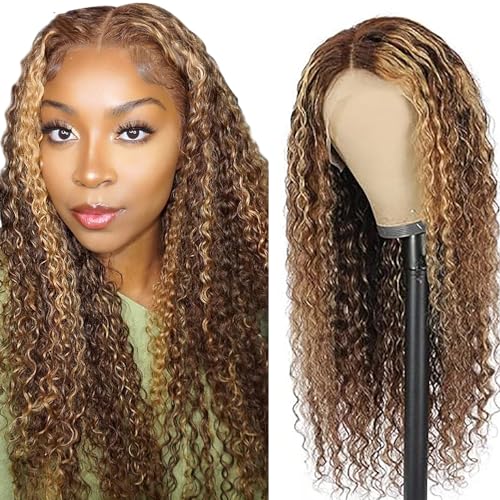 Hxxcoup Curly Wave Wig Human Hair Wig Brown 13x1 Lace Front Wig Echthaar Perücke Braun Perücke Damen 26 Inch Glueless Wig Top Swiss Lace P427 Highlight Human Hair Wig for Black Woman 26 Zoll von HOWGARI