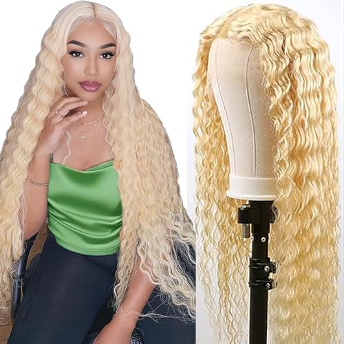Hxxcoup Deep Wave Wig Human Hair Wig 13x1 Lace Front Wig Echthaar Perücke Blonde Perücke Damen 30 Inch Glueless Wig 613 Blonde Echthaar Perücke für Damen Perücken for Woman 30 Zoll von HOWGARI