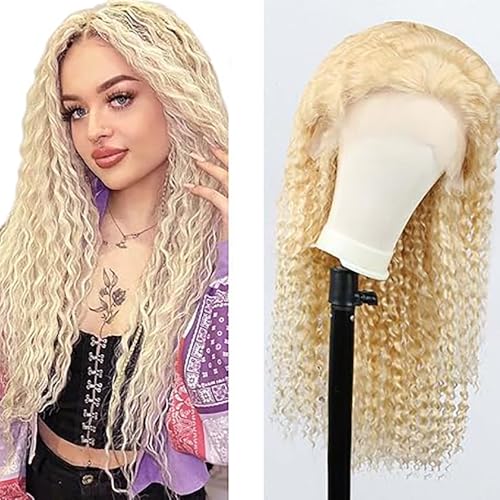 Hxxcoup Echthaar Perücke für Damen Perücken Blonde Curly Wave Wig 13x1 Lace Front Wig Human Hair Wig 613 Blonde Wig Menschenhaar Perücken Brazilian Remy Hair T Part with Baby Hair 28 Zoll von HOWGARI