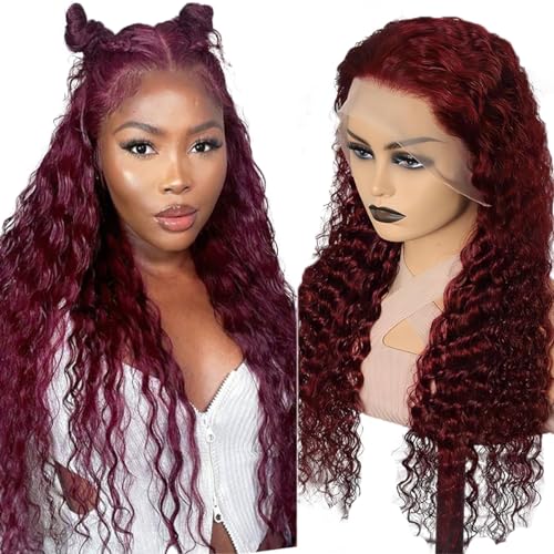 Hxxcoup Echthaar Perücke für Damen Perücken Red T Part Wig 13x1 Lace Frontal Wig Human Hair Wig 99J Ombre Burgundy Wig 100% Brazilian Remy Hair Wig Lace Perücke with Baby Hair 22 Zoll von HOWGARI