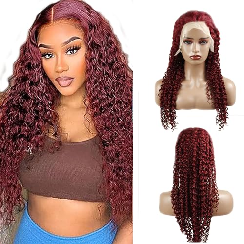 Hxxcoup Human Hair Wig Echthaar Perücke Curly Wave 13x1 Lace Frontal Wig Burgundy Perücke Echthaar Rote Perücke Damen Brazilian Virgin Hair Wig Ombre Color Curly Wave Hair No Tangle 18 Zoll von HOWGARI