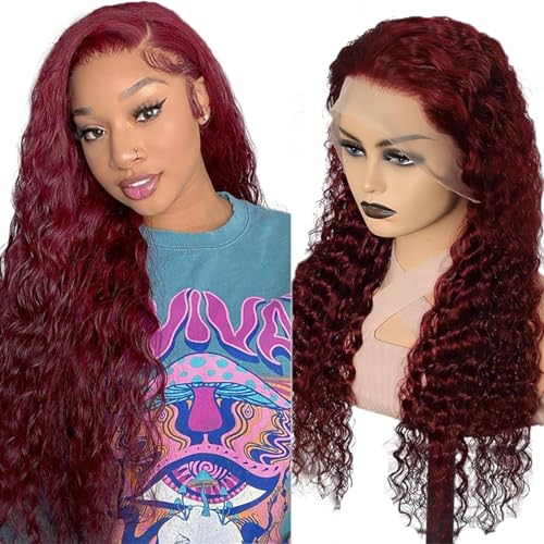 Hxxcoup Human Hair Wig Echthaar Perücke Deep Wave 13x1 Lace Frontal Wig Burgundy Perücke Echthaar Rote Perücke Damen Brazilian Virgin Hair Wig Ombre Color Deep Wave Hair No Tangle 18 Zoll von HOWGARI