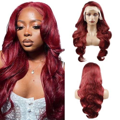 Hxxcoup Perücke Damen Echthaar Perücke Burgundy 13x1 Lace Wig Human Hair Wig Body Wave Wig Rote Haare Perücken für Unprocessed Brasilianisches Remy Hair Transparent Swiss Lace 20 Zoll von HOWGARI