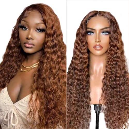 Hxxcoup Water Wave Wig Human Hair Wig 13x1 Lace Front Wig Echthaar Perücke Braun Perücke Damen 20 Inch Glueless Wig #30 Brown Echthaar Perücke für Damen Perücken for Woman 20 Zoll von HOWGARI