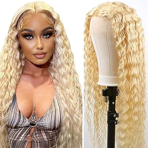 Hxxcoup Wig Human Hair Perücken Damen Echthaar Deep Wave Blonde Perücken 13x1 Lace Frontal Wig Glueless Wig 613 Perücken Transparent Swiss Lace Grade 8A 100% Brazilian Remy Hair 32 Zoll von HOWGARI