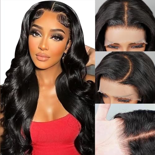 Perücke Damen Echthaar Upgraded Bleached knots Body Wave 13x4 Pre Cut Lace Front Wigs Human Hair 200% Denisty Brazilian Human Hair Pre Plucked with Baby Hair Glueless Wigs Natural Black Color 24 Zoll von HOWGARI