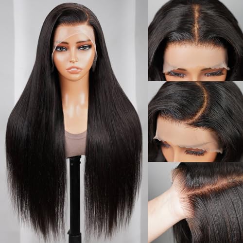 Perücke Echthaar13x4 Straight Pre Cut Lace Front Wigsfor Black Women 200% Density Brazilian Virgin Human Hair Upgraded Glueless Perücken Pre Plucked Bleached Knots with Baby Hair Natural Color 28 Zoll von HOWGARI