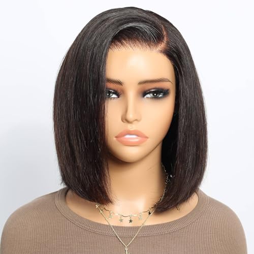 Ready to Go Glueless Wig 200% Density Brazilian Virgin Human Hair Wig Pre Cut 5x6 Lace Front Wigs for Black Women Pre Plucked Bleached Invisible Knots Bob Wig Echthaar Perücke Natural Black Color von HOWGARI