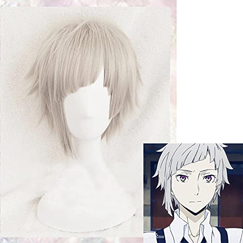 SEIZIS Wig Anime Cosplay Bungou Stray Dogs Cosplay Atsushi Nakajima Perücke kurz gerade hellgrau hitzebeständiges Haar Halloween Anime Rollenspiel + Perückenkappe von HOWGARI