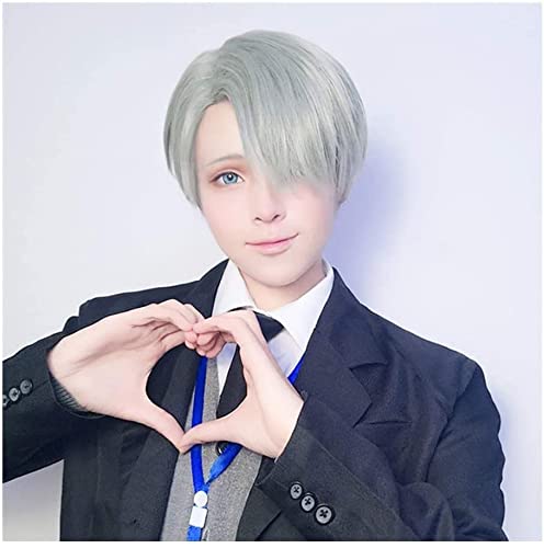 Uearlid Wig Anime Cosplay Anime Cosplay Perücken, Yuri !!! an EIS Lehrer Cosplay Perücke mit kostenloser Wig-Kappe, Victor NikiForov Perücke (Farbe: Silber) von HOWGARI