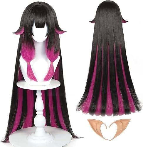 Uearlid Wig Anime Cosplay Schwarze gemischte rosa Perücke for Genshin Impact Colombina Cosplay Perücke Mädchen Frauen Anime Cosplay Perücke mit Pony Layered Halloween Party Kostüm von HOWGARI