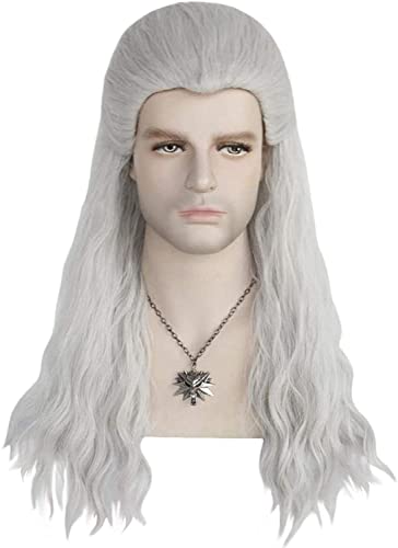 Uearlid Wig Anime Cosplay Spiel Witcher Silbergrau Lange Gerade Mann Cosplay Perücke Synthetische Anime Rollenspiele Haarperücken for Party Halloween mit Halskette von HOWGARI