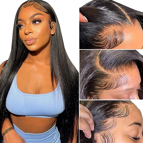 Upgraded Bleached Knots Straight Glueless Perücken Perücke Damen Echthaar 13x4 Pre Cut Lace Front Human Hair Wig 100% Brazilian Virgin Human Hair Pre Plucked with Baby Hair Natural Color 32 Zoll von HOWGARI