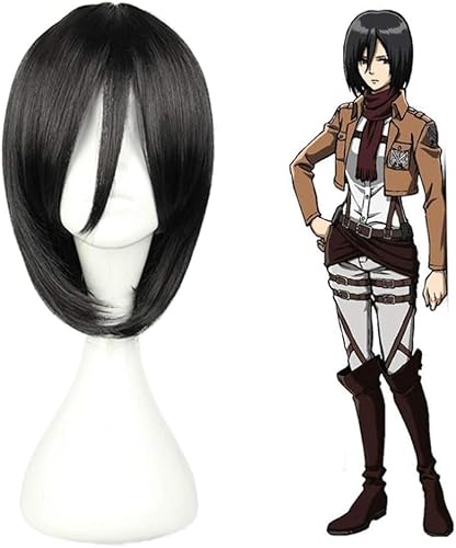 Wig Anime Cosplay Mikasa Ackerman Schwarze kurze Bobo-Kunsthaar-Cosplay-Perücken for Damen, Party, Halloween + Mütze von HOWGARI