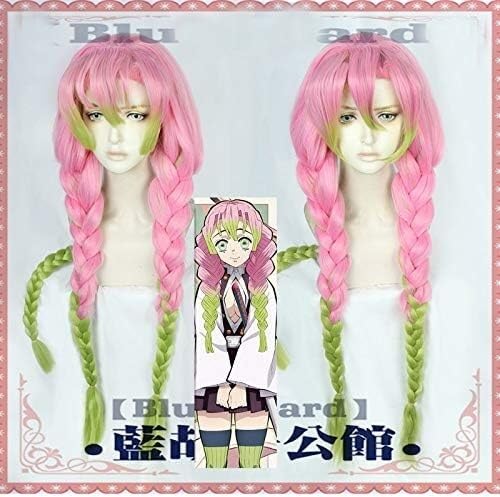Wig Anime Cosplay Perücke Kanroji Mitsuri Cosplay Kostüme Langes Haar Kimetsu No Yaiba Frauen Kunsthaar Rosa Grün Zopf von HOWGARI