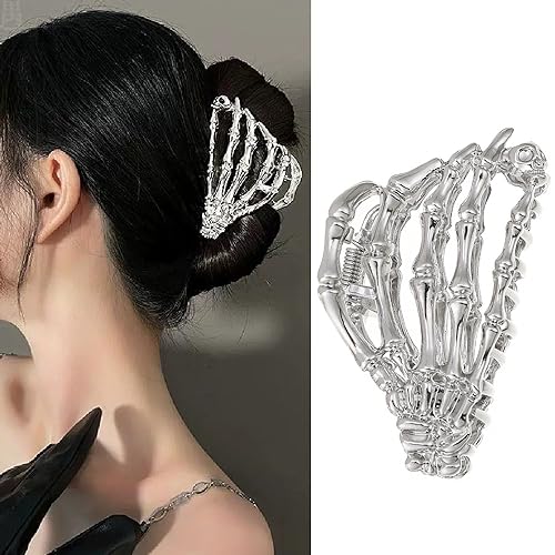 2023 Halloween-Haarklammer – Neuartige silberfarbene Totenkopf-Haarspange, Halloween-Haarschmuck für Damen und Mädchen, Metallknochen, Klauen-Clips für dickes Haar (Silber) von HOXIEYA