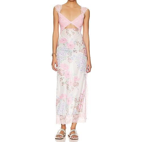 HOXIJIA Frauen Ärmelloses Maxikleid Rückenfrei Bodycon Floral Gedruckt Spaghettiträger Langes Kleid Sheer Mesh Sommer Einteiler, C-pink, Mittel von HOXIJIA