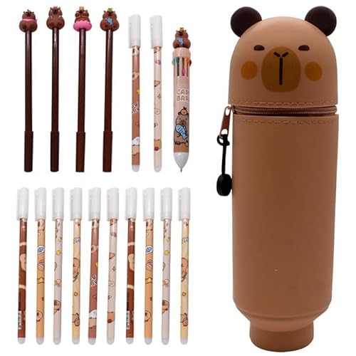 Capybara Federmäppchen, 2-in-1 Silikon Schulmäppchen 12Radierbaren Gelstiften 10-in-1Kugelschreiber 4 Gelschreiber Kawaii Mäppchen Tischstifthalter Silikon Stiftetasche Stifthalter Bleistiftbeutel von HOXSNII