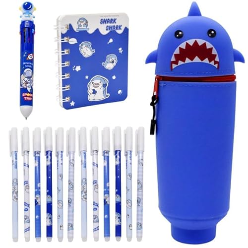 HOXSNII Hai Federmäppchen, 2-in-1 Silikon Schulmäppchen 12PCS Radierbaren Gelstiften 10-in-1Kugelschreiber Notizblock Kawaii Mäppchen Tischstifthalter Silikon Stiftetasche Stifthalter Bleistiftbeutel von HOXSNII