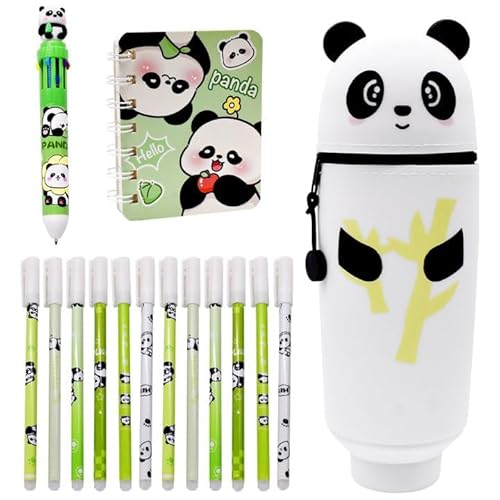 Panda Federmäppchen, 2-in-1 Silikon Schulmäppchen 12PCS Radierbaren Gelstiften 10-in-1Kugelschreiber Notizblock Kawaii Mäppchen Tischstifthalter Silikon Stiftetasche Stifthalter Bleistiftbeutel von HOXSNII