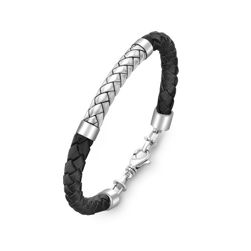HOXTON LONDON Herren Sterling Silber Fischgät Schwarzes Leder Armband 22cm von HOXTON LONDON