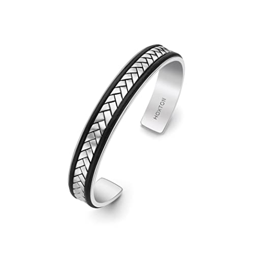 Hoxtons London Herren Sterling Silber Fischgrät Leder eingelegter Manschetten Armreif von HOXTON LONDON