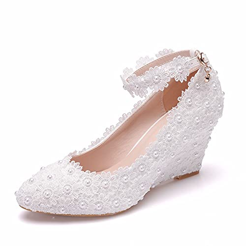 Damen Hochzeitsschuhe, Keilabsatz Spitze Zehe Brautschuhe Süße Spitze Blumen Hochzeit Pumps Größe,Weiß,35 EU von HOYOCE