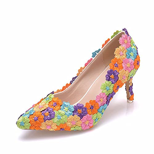 Damen Hochzeitsschuhe Spitze Stöckelschuhe Süße Mehrfarbige Pumps Große Größe,Rainbow Colors,34 EU von HOYOCE